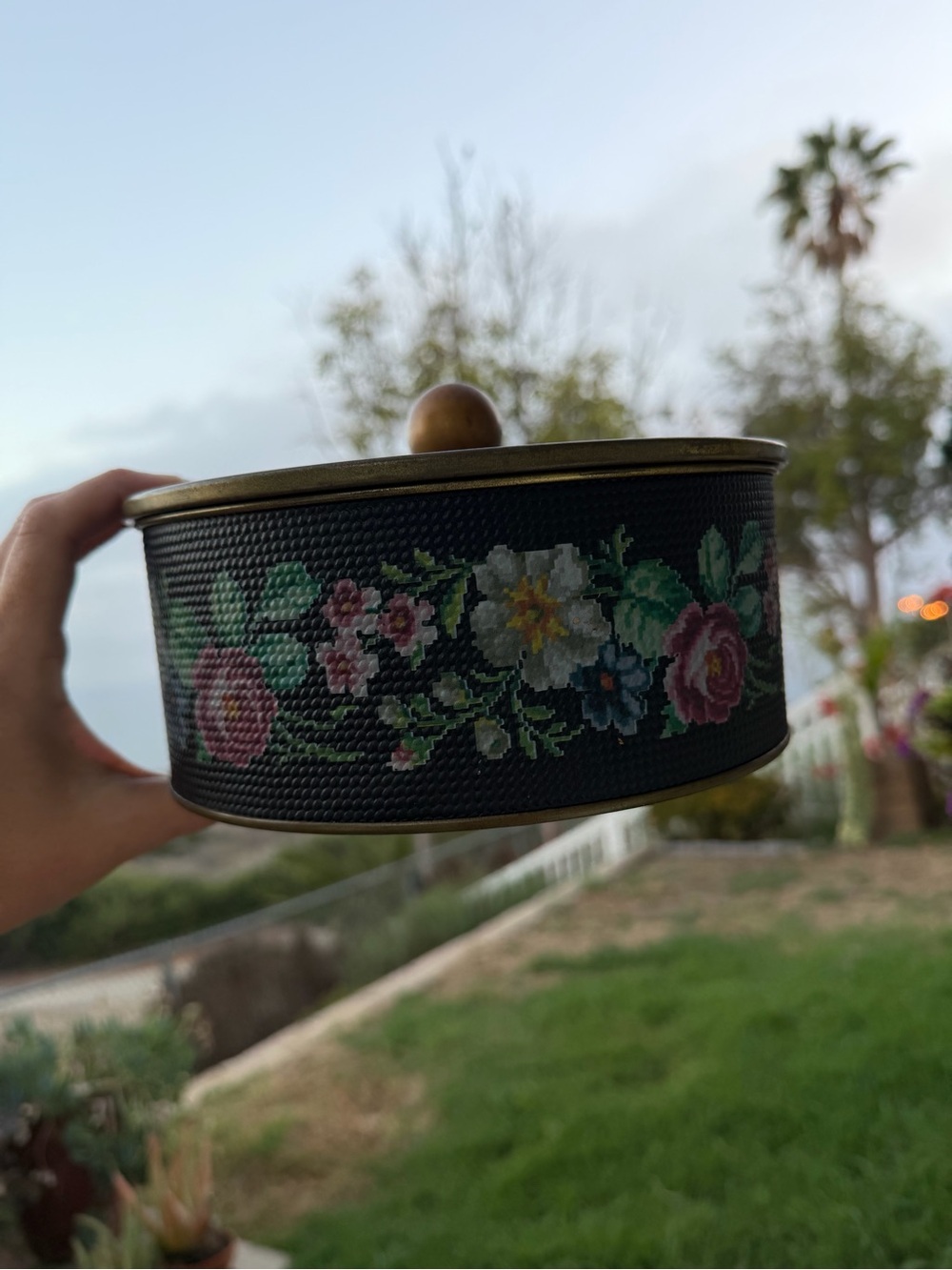 Embroidered Floral Round Storage Tin - Black & Pink